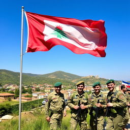 A scenic landscape depicting the Unifil flag fluttering in the wind, alongside the Nepali battalion soldiers in traditional military attire engaged in peacekeeping activities in Lebanon