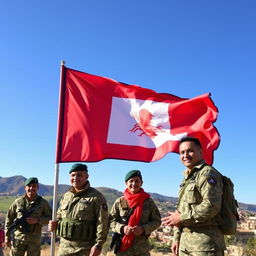 A scenic landscape depicting the Unifil flag fluttering in the wind, alongside the Nepali battalion soldiers in traditional military attire engaged in peacekeeping activities in Lebanon