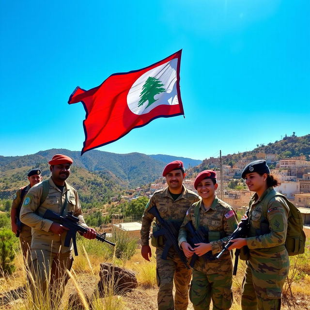 A scenic landscape depicting the Unifil flag fluttering in the wind, alongside the Nepali battalion soldiers in traditional military attire engaged in peacekeeping activities in Lebanon