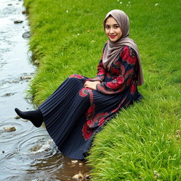 A girl dressed in a luxury hijab and a vividly patterned abaya is seated gracefully on the lush green grass beside a gentle water stream