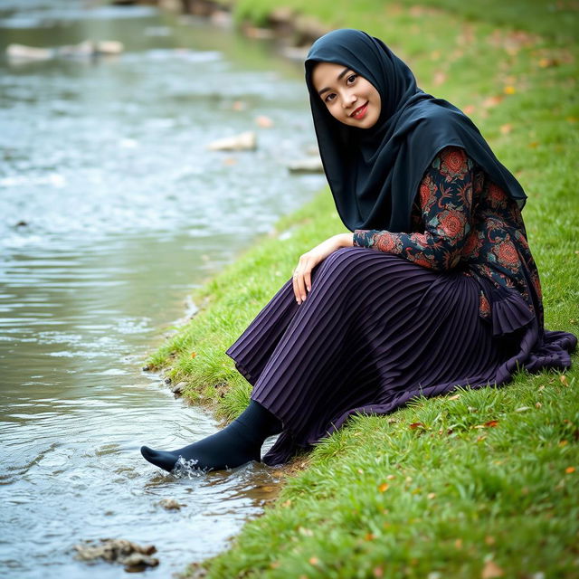 A girl dressed in a luxury hijab and a vividly patterned abaya is seated gracefully on the lush green grass beside a gentle water stream