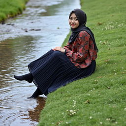 A girl dressed in a luxury hijab and a vividly patterned abaya is seated gracefully on the lush green grass beside a gentle water stream