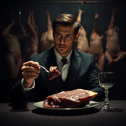 A 30-year-old man dressed in a sharp black suit and crisp white shirt is seated at a dimly lit dinner table