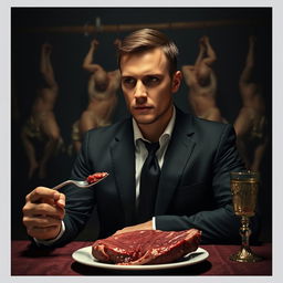 A 30-year-old man dressed in a sharp black suit and crisp white shirt is seated at a dimly lit dinner table