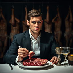 A 30-year-old man dressed in a sharp black suit and crisp white shirt is seated at a dimly lit dinner table