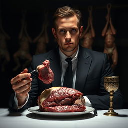 A 30-year-old man dressed in a sharp black suit and crisp white shirt is seated at a dimly lit dinner table