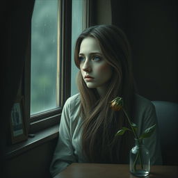 A portrait of a sad lady, with soft, melancholic features, sitting alone in a dimly lit room