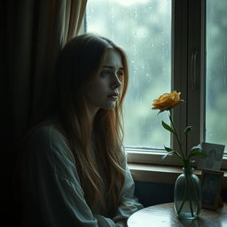 A portrait of a sad lady, with soft, melancholic features, sitting alone in a dimly lit room