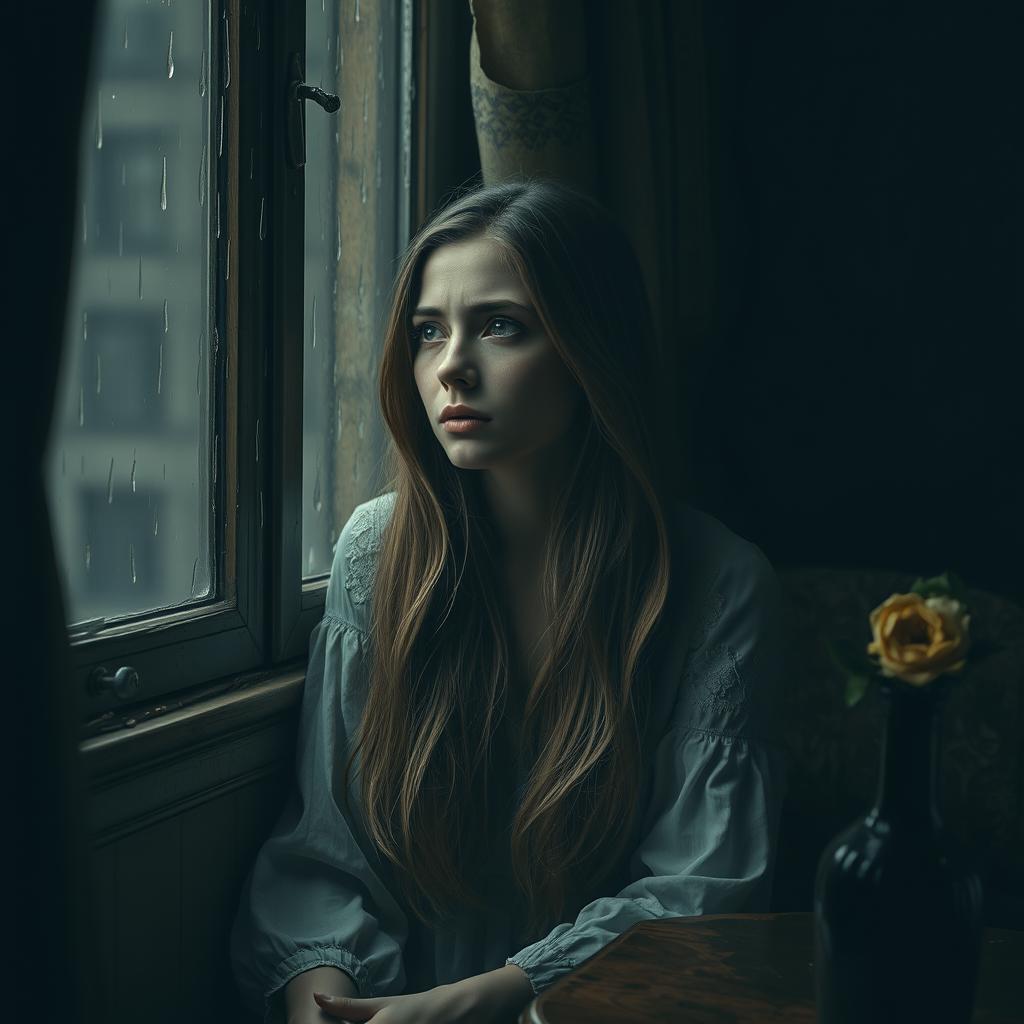 A portrait of a sad lady, with soft, melancholic features, sitting alone in a dimly lit room