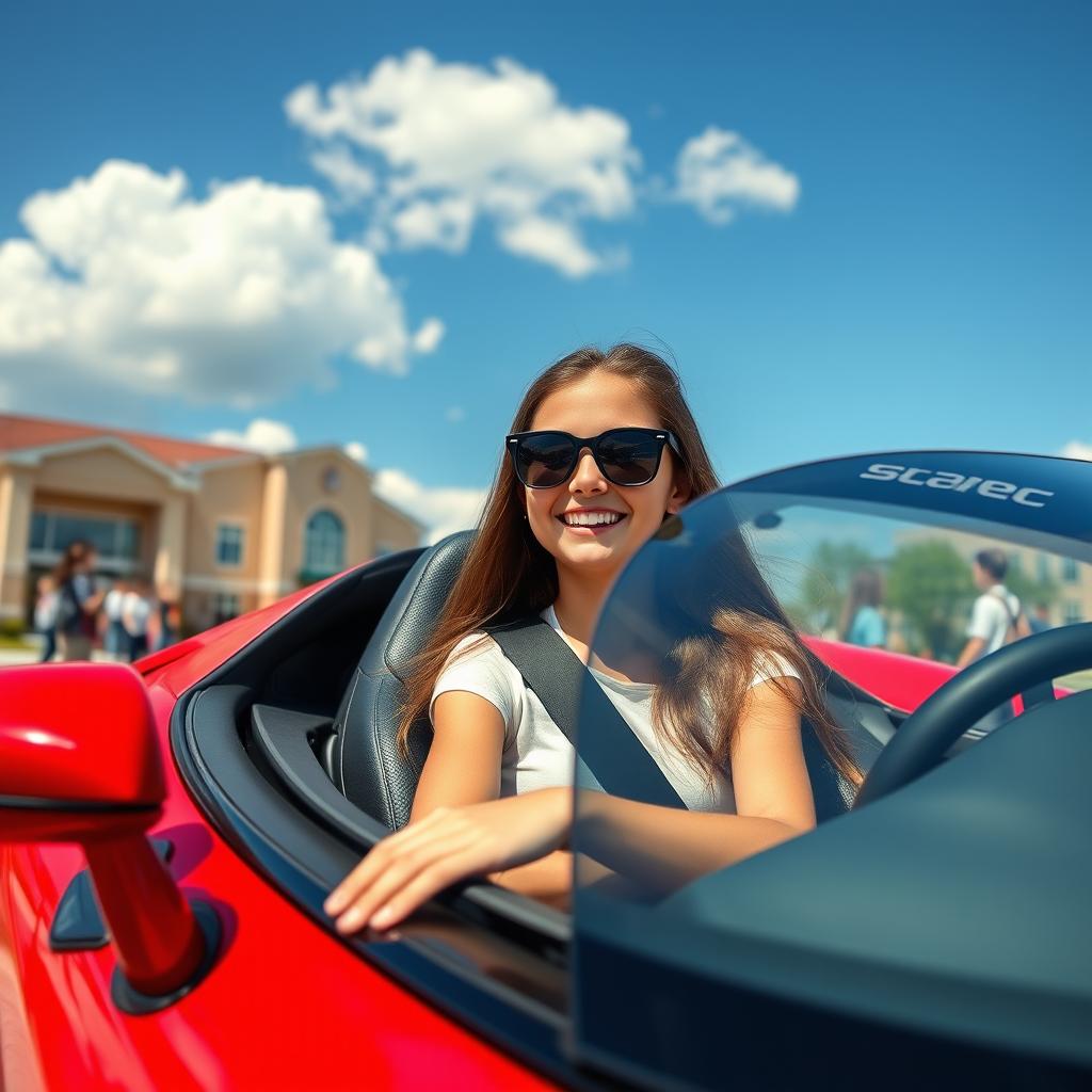 A teenage girl joyfully driving a sleek, vibrant red supercar home from school