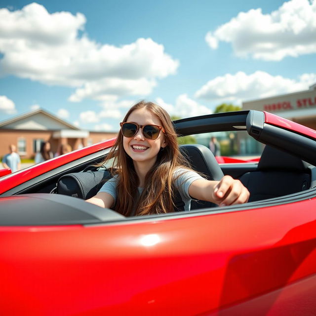 A teenage girl joyfully driving a sleek, vibrant red supercar home from school