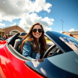 A teenage girl joyfully driving a sleek, vibrant red supercar home from school
