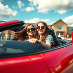 A teenage girl joyfully driving a sleek, vibrant red supercar home from school