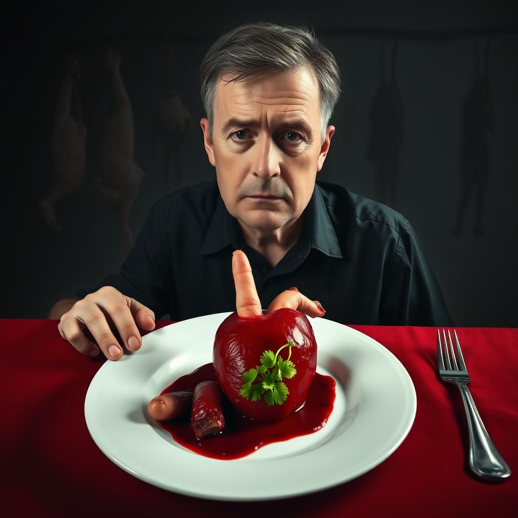 A thirty-year-old man with a tired and serious expression sits at a dark red dinner table