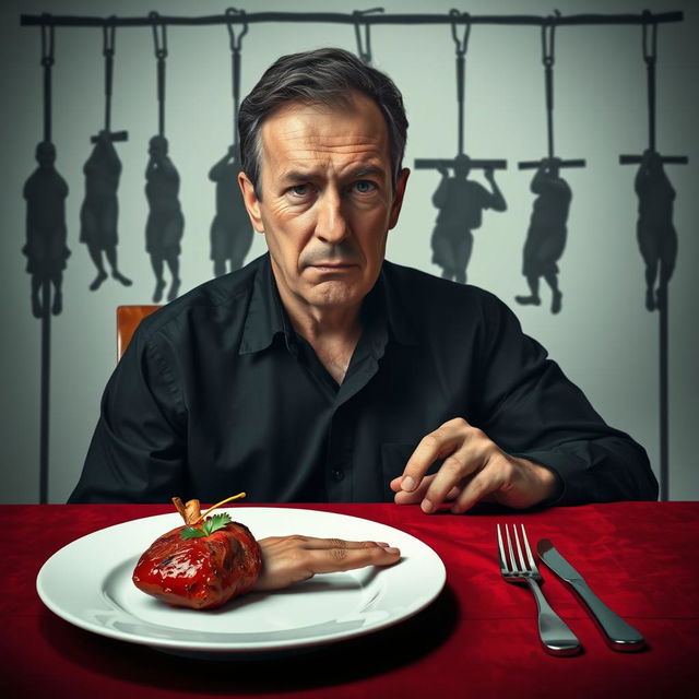 A thirty-year-old man with a tired and serious expression sits at a dark red dinner table