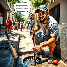 A humorous scene featuring cricketer MS Dhoni in a casual outfit, engaged in the task of cleaning a drainage system