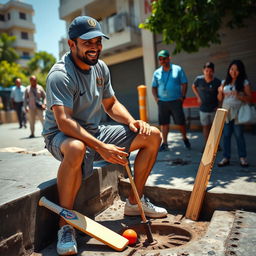 A humorous scene featuring cricketer MS Dhoni in a casual outfit, engaged in the task of cleaning a drainage system