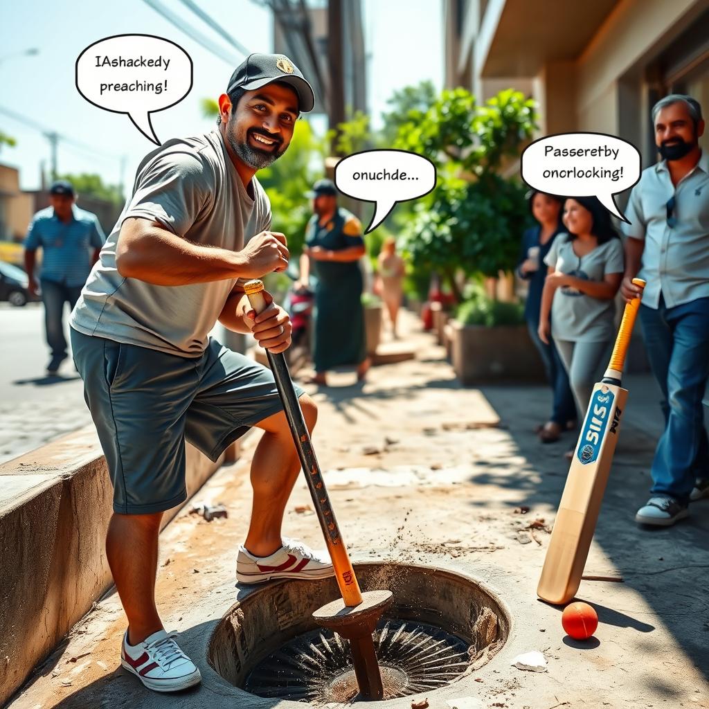 A humorous scene featuring cricketer MS Dhoni in a casual outfit, engaged in the task of cleaning a drainage system