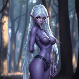 Ariane, a beautiful Dark Elf woman with striking golden eyes and light purple skin resembling amethyst, features long, slim legs that end in wide hips and exceptionally large breasts