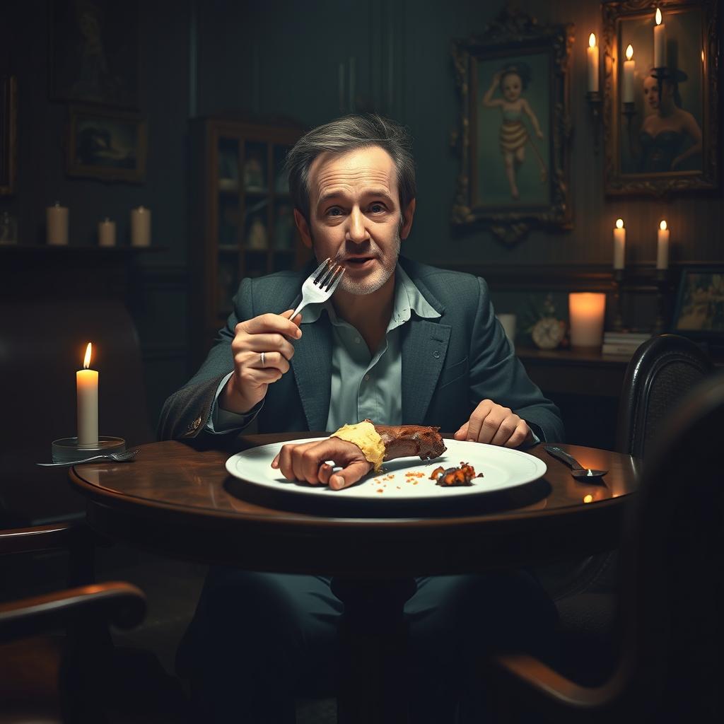 A surreal and darkly humorous scene depicting a 30-year-old man sitting at a table in a dimly lit room, casually eating a human hand like a delicacy