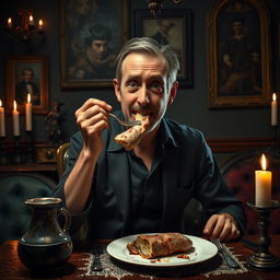 A surreal and darkly humorous scene depicting a 30-year-old man sitting at a table in a dimly lit room, casually eating a human hand like a delicacy
