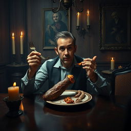 A surreal and darkly humorous scene depicting a 30-year-old man sitting at a table in a dimly lit room, casually eating a human hand like a delicacy