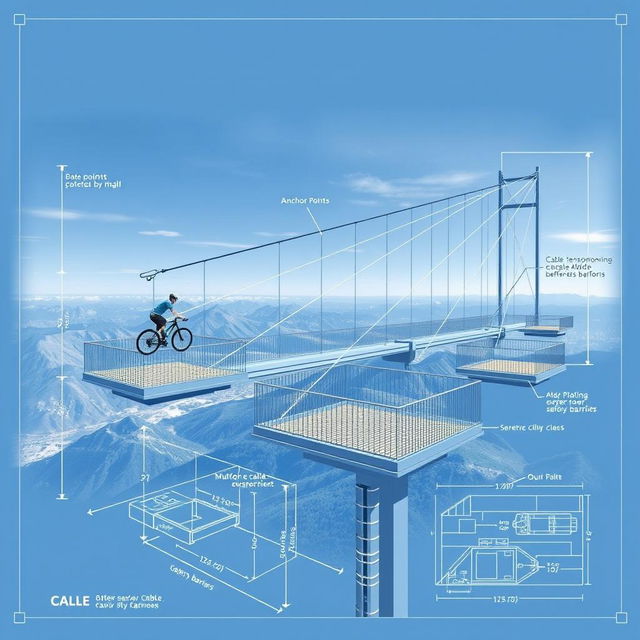 A detailed blueprint of an innovative cable sky cycling design atop a scenic view deck