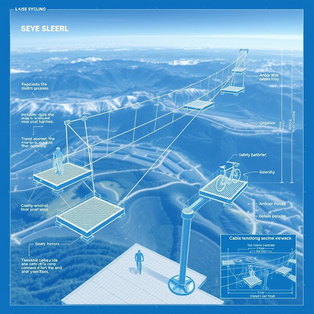 A detailed blueprint of an innovative cable sky cycling design atop a scenic view deck