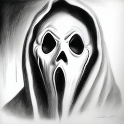 A hauntingly detailed pencil sketch in black and white, capturing the chilling visage of Ghost Face from the iconic horror movie, Scream