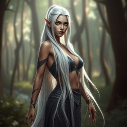 Ariane, a beautiful Dark Elf woman with captivating golden eyes and long, slim legs that lead to wide hips and exceptionally large breasts