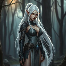 Ariane, a beautiful Dark Elf woman with captivating golden eyes and long, slim legs that lead to wide hips and exceptionally large breasts
