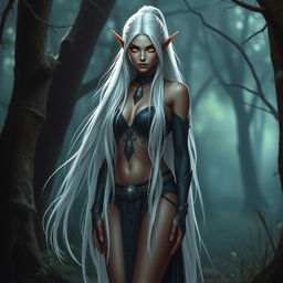 Ariane, a beautiful Dark Elf woman with captivating golden eyes and long, slim legs that lead to wide hips and exceptionally large breasts