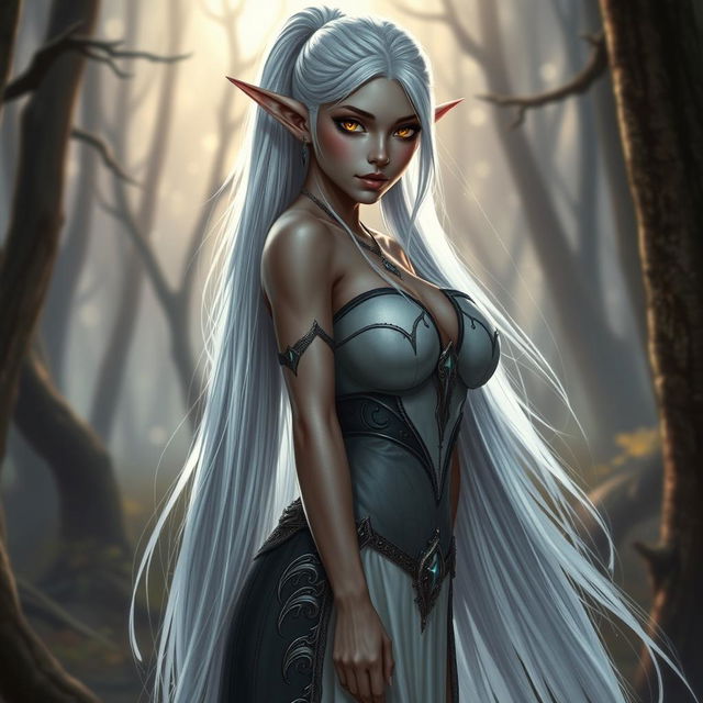 Ariane, a beautiful Dark Elf woman with captivating golden eyes and long, slim legs that lead to wide hips and exceptionally large breasts