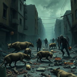 A dystopian scene set in a near-future world where animals are infected with a virus, causing humans to resort to cannibalism