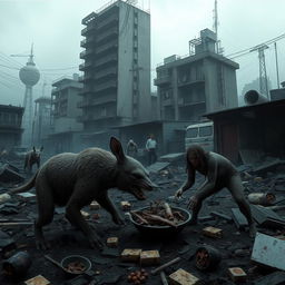 A dystopian scene set in a near-future world where animals are infected with a virus, causing humans to resort to cannibalism