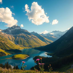 A stunning high-definition scenery of a serene mountain landscape, featuring towering peaks with snow caps, lush green valleys below, and a crystal clear blue lake reflecting the sky