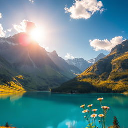 A stunning high-definition scenery of a serene mountain landscape, featuring towering peaks with snow caps, lush green valleys below, and a crystal clear blue lake reflecting the sky
