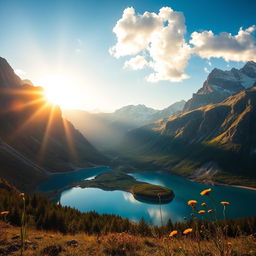 A stunning high-definition scenery of a serene mountain landscape, featuring towering peaks with snow caps, lush green valleys below, and a crystal clear blue lake reflecting the sky
