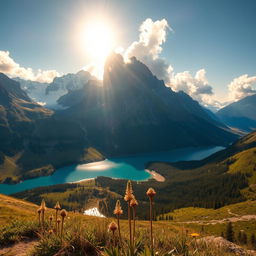 A stunning high-definition scenery of a serene mountain landscape, featuring towering peaks with snow caps, lush green valleys below, and a crystal clear blue lake reflecting the sky