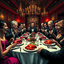 A surreal and darkly humorous scene depicting a fictional scenario where humans engage in cannibalism, represented metaphorically