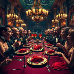 A surreal and darkly humorous scene depicting a fictional scenario where humans engage in cannibalism, represented metaphorically