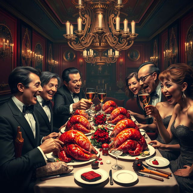 A surreal and darkly humorous scene depicting a fictional scenario where humans engage in cannibalism, represented metaphorically