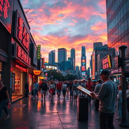 A visually stunning piece of photo art capturing the essence of modern urban life, featuring a bustling city street at dusk