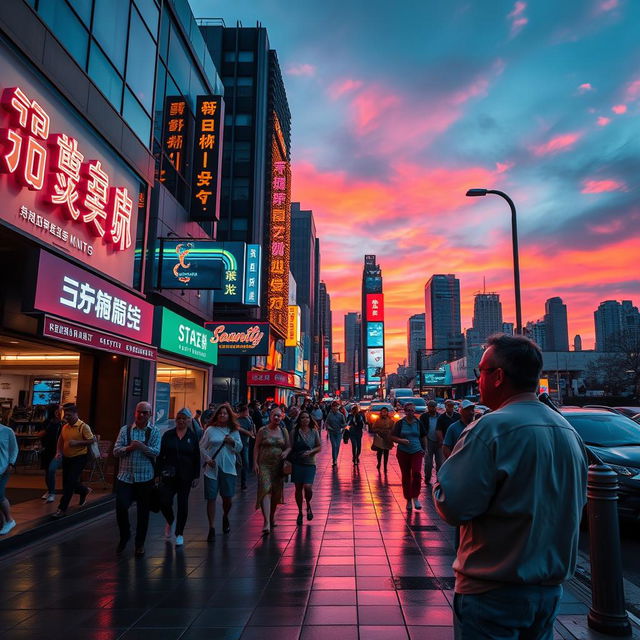 A visually stunning piece of photo art capturing the essence of modern urban life, featuring a bustling city street at dusk