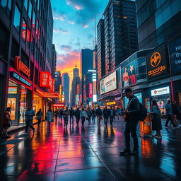 A visually stunning piece of photo art capturing the essence of modern urban life, featuring a bustling city street at dusk