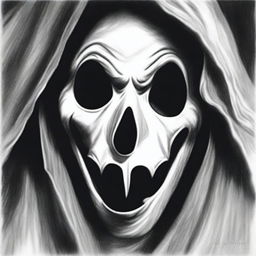 A hauntingly detailed pencil sketch in black and white, capturing the chilling visage of Ghost Face from the iconic horror movie, Scream