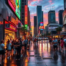 A visually stunning piece of photo art capturing the essence of modern urban life, featuring a bustling city street at dusk