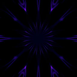 A dark, atmospheric image featuring an abstract design with vibrant purple and white lines radiating from each corner, converging towards the center to create a circular pattern