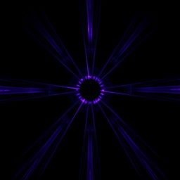 A dark, atmospheric image featuring an abstract design with vibrant purple and white lines radiating from each corner, converging towards the center to create a circular pattern