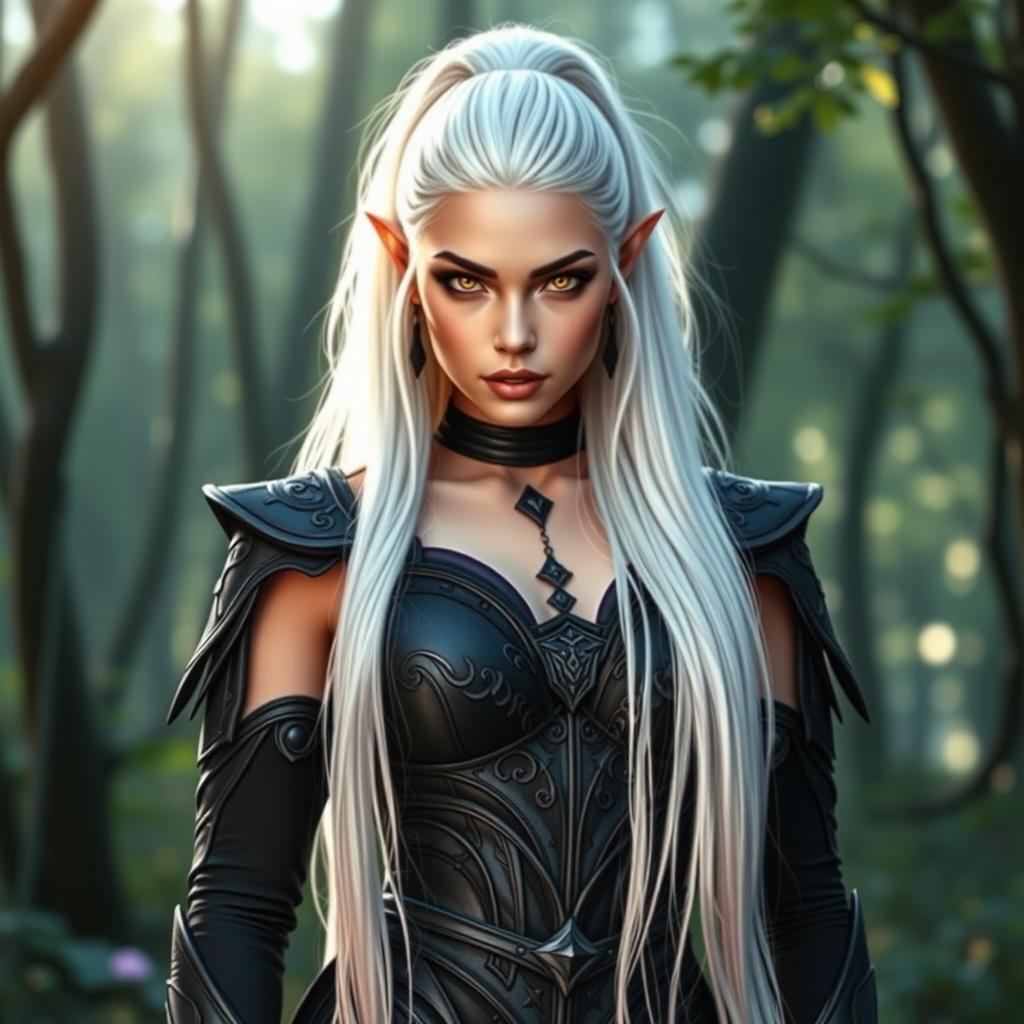 A stunning Dark Elf woman with mesmerizing golden eyes, characterized by long, slim legs that meet wide hips and an ample chest